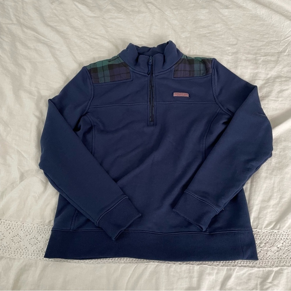 Vineyard Vines MEDIUM Navy Blue Quarter Zip 1/2 Sweatshirt Jacket Plaid Martha’s